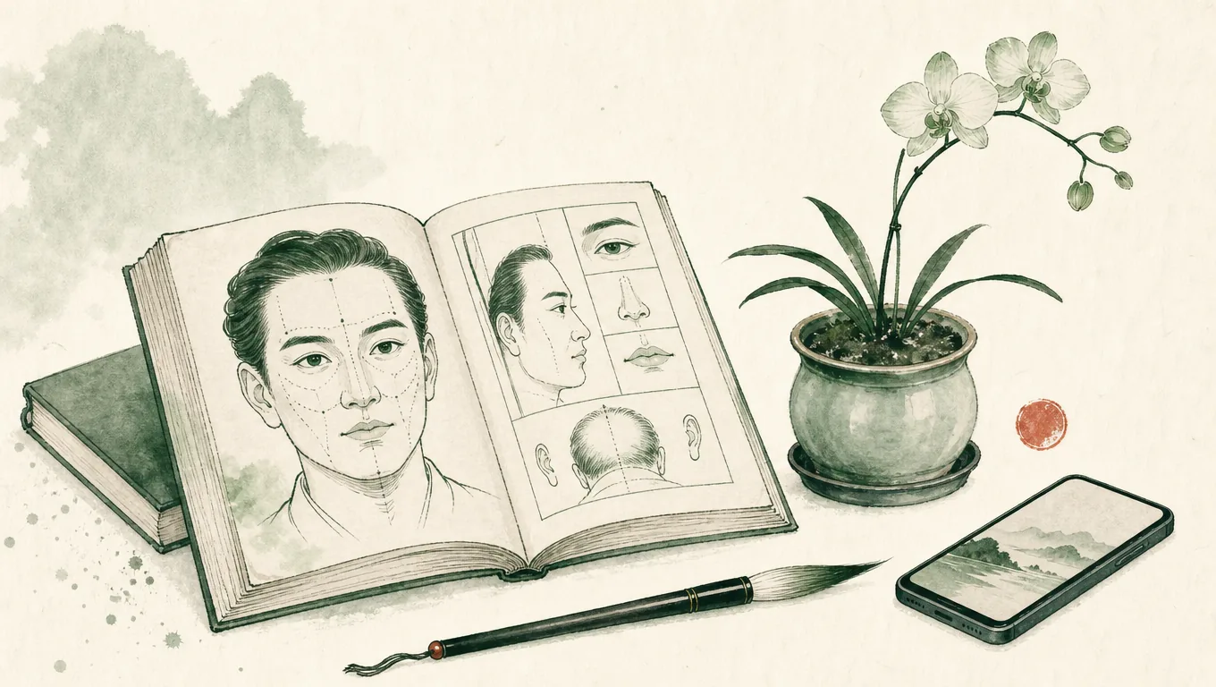 Ink illustration of a classical face-reading manual, brush, orchid and a smartphone