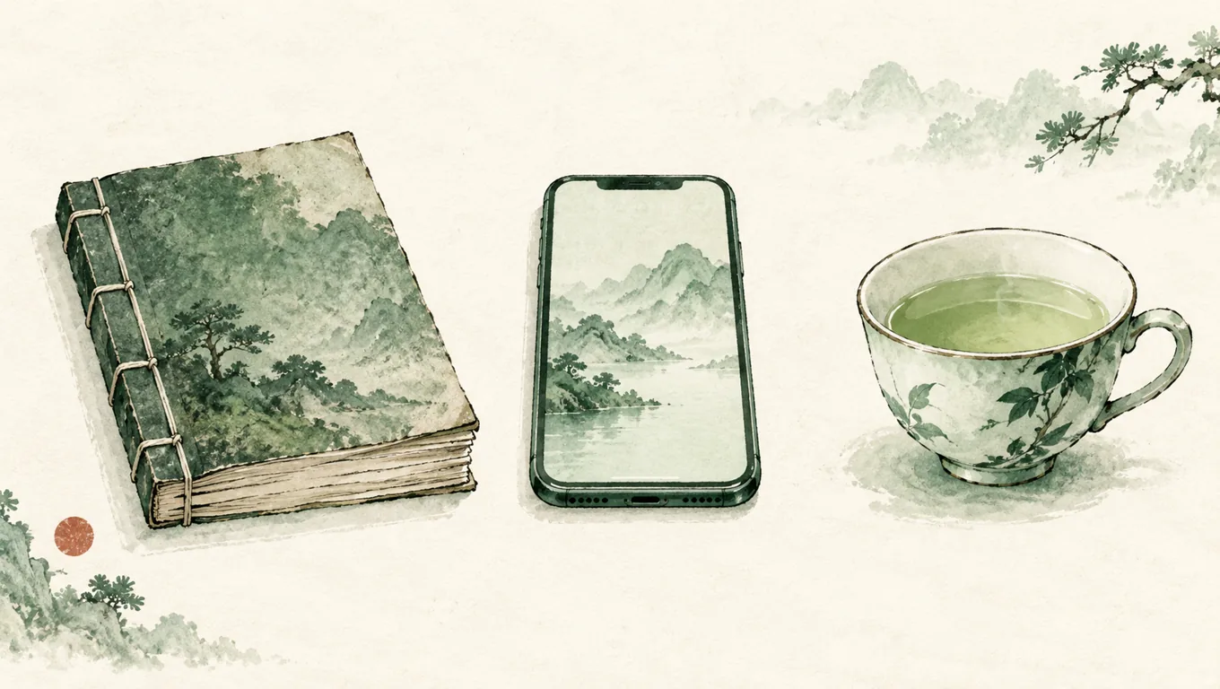 Ink illustration of a thread-bound book, a smartphone and a teacup side by side
