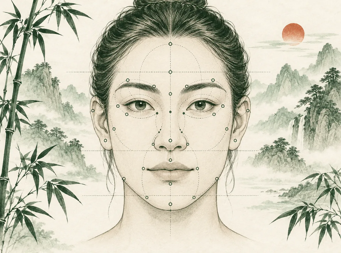 Ink illustration of a classical Chinese face-reading chart on a fictional face